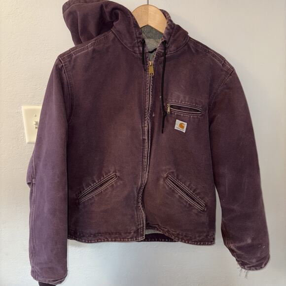 VTG Hooded Carhartt Jacket Plum Purple Sherpa Lined WJ141 DWN Women Sz Large Reg - Picture 1 of 16